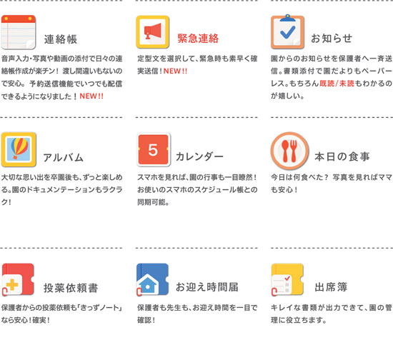 連絡帳、緊急連絡、お知らせ、アルバム、カレンダー、本日の食事、投薬依頼書、お迎え時間届、出席簿