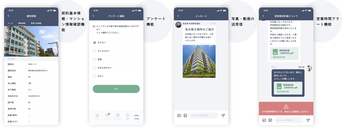 契約基本情報・マンション情報確認機能、アンケート機能、写真・動画の送受信、営業時間アラート機能