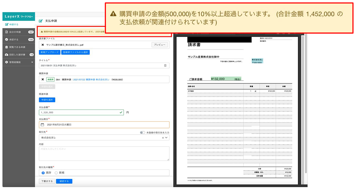 支払申請金額䛾購買申請金額と差分チェック・アラート機能