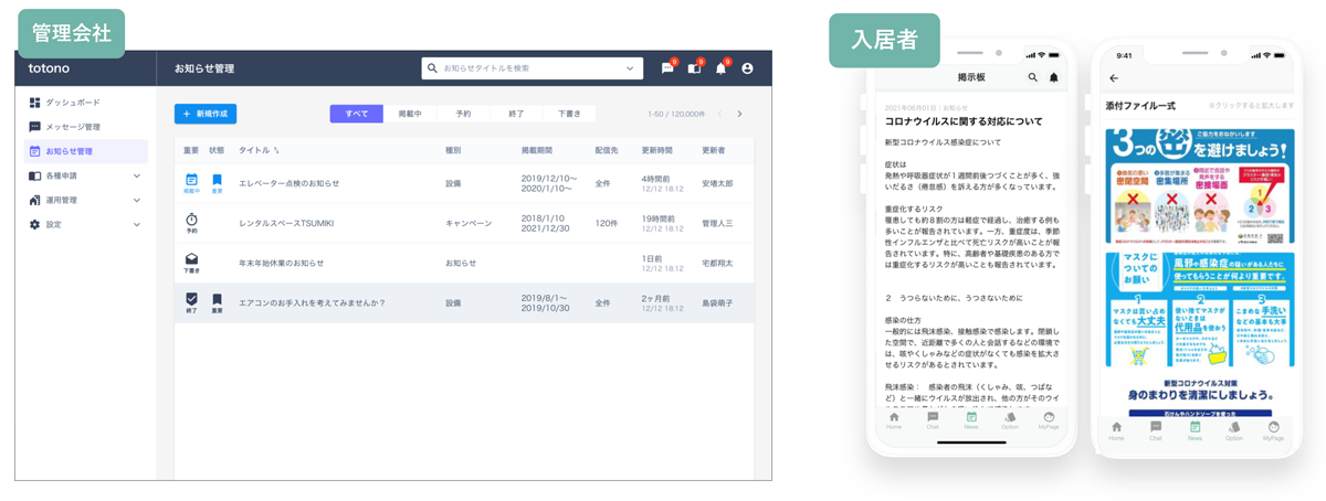 お知らせ掲示板機能：物件掲示板への貼り出し作業がなくなり管理会社の業務負担が軽減