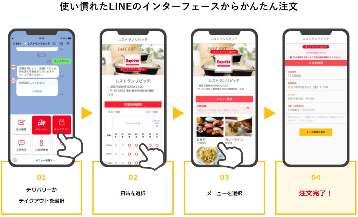 リピッテテイクアウト&デリバリーは、LINE公式アカウントからの注文受付・事前決済に対応した自動注文管理システムです。