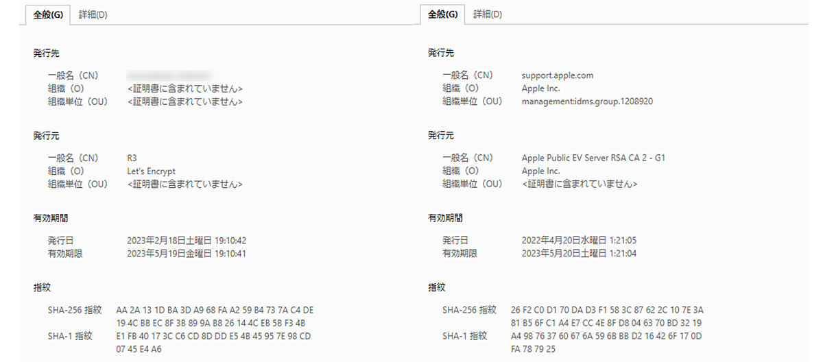 左がドメイン認証型、右がEV認証型のサーバー証明書