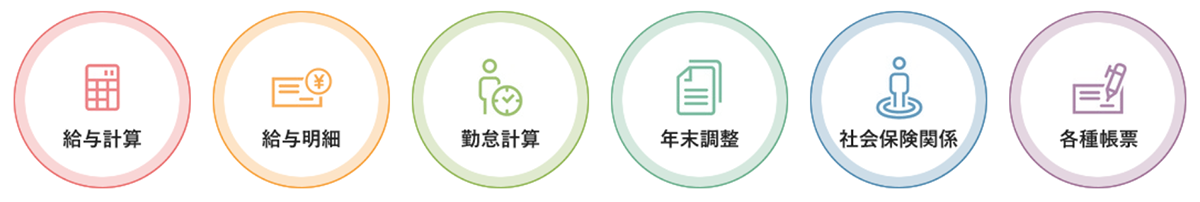 給与計算だけでなく、勤怠計算や、社会保険関係、各種帳票類の作成、年末調整など幅広い業務に対応しています。