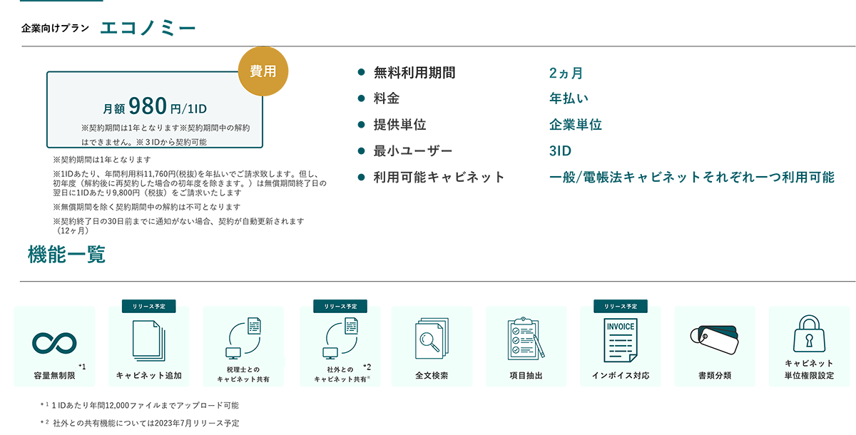 月額980円/ID(税抜)固定にて使えます。ストレージの容量に制限はありません。