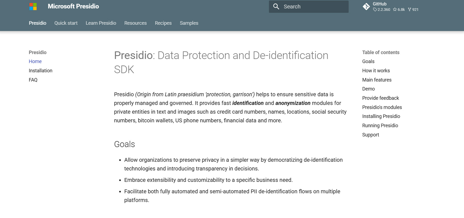 Microsoft Presidio公式Webサイト