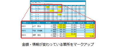 変更前と変更後の金額チェック機能を有し、違いがある部分を色分けして表示するので、チェック作業に手間がかかりません。