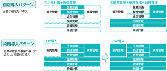 顧客の要望するシステム化範囲に合った業務システムを実現します。 特定の業務領域のみ必要に応じて部分導入、企業の成長や事業の変化に合わせた段階的導入が可能です。
