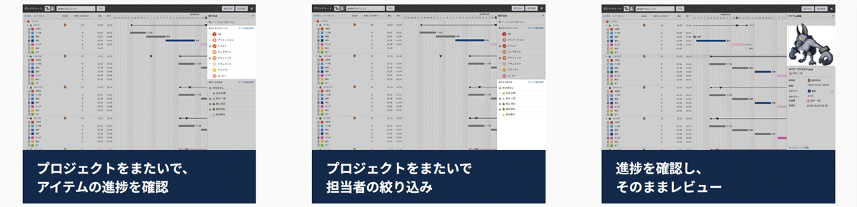 一覧やサムネイル、カレンダーなどわかりやすい表示形式で、制作物をまとめて管理