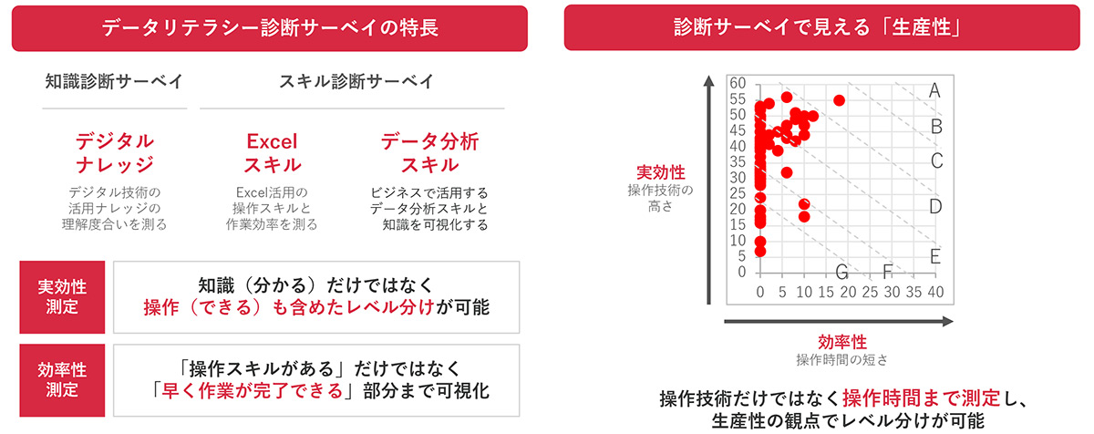 実効性と効率性の両面を測定できる、独自のデータリテラシー診断サーベイ