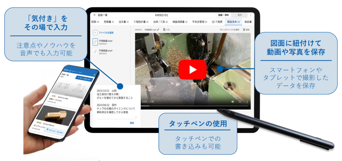 スマホやタブレット利用にも対応しており、外出先や現場から簡単に図面や資料検索が可能。現場で不具合が発生した場合は、その場で現場を撮影し瞬時に図面と紐づけてアップロードできるため、履歴を残し今後の業務効率改善やコスト削減につなげられます。