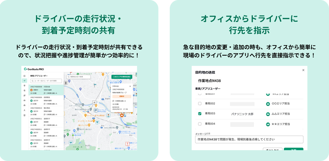 ドライバーの目的地と到着予定時刻を把握、行先の指示もシームレスに送信