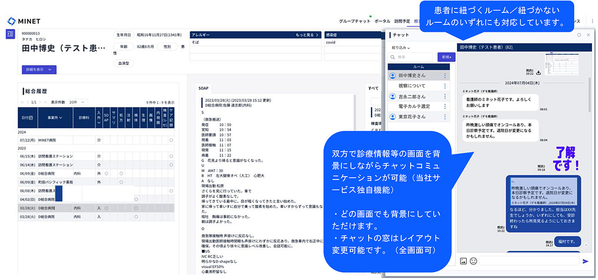 他施設・多職種間での情報共有を円滑にするチャット機能を搭載。