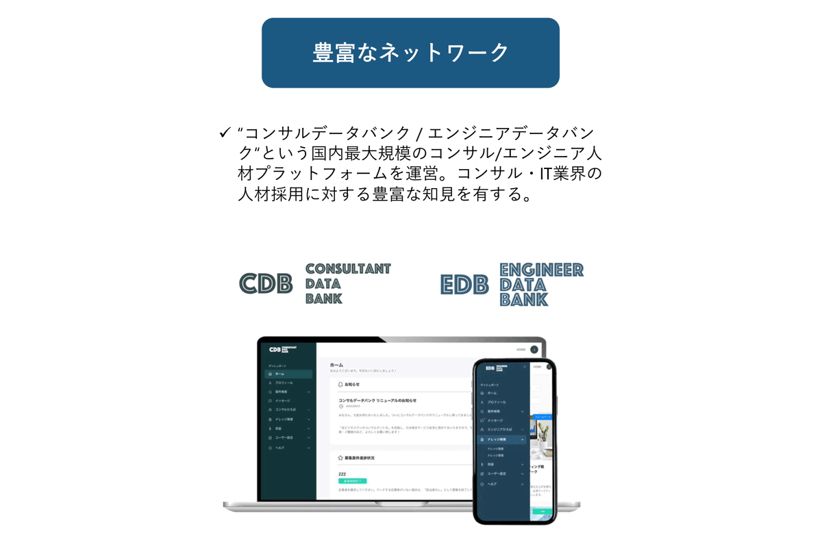 国内最大規模の人材プラットフォーム「コンサルデータバンク」「エンジニアデータバンク」を運営