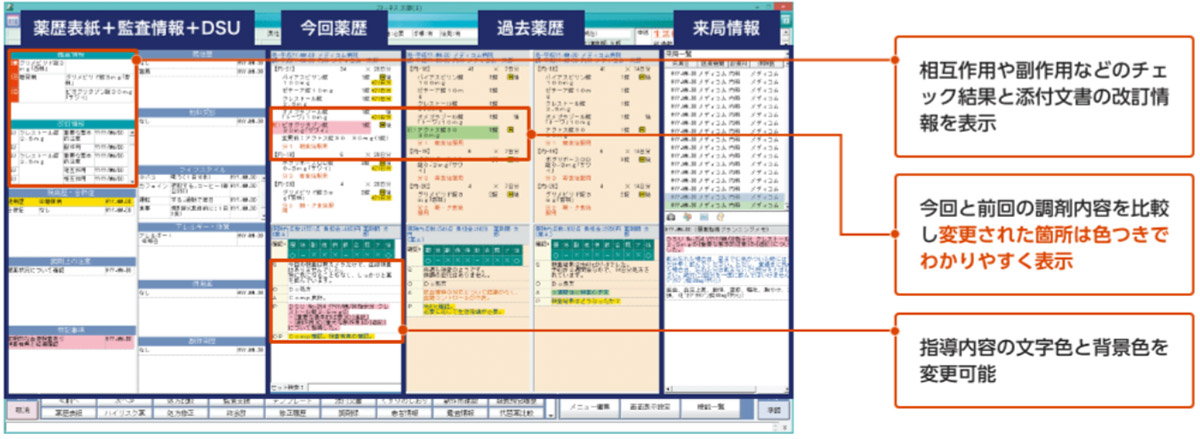 患者の薬歴表紙・監査情報・過去薬歴をひとつの画面に集約し、一覧表示に対応。
