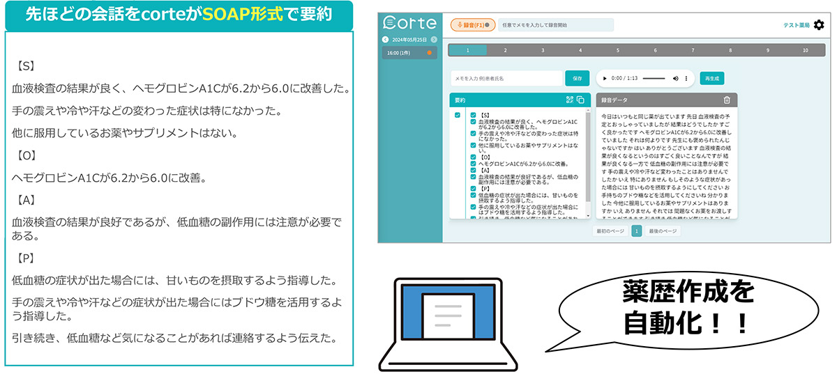 AIが会話録音から薬歴を自動で抽出・要約
