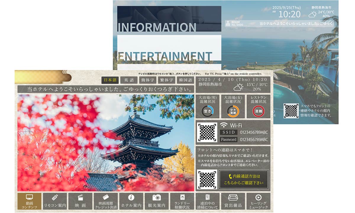 館内案内や問い合わせ内容を客室テレビに表示し、フロント対応の負担を大幅に軽減します。