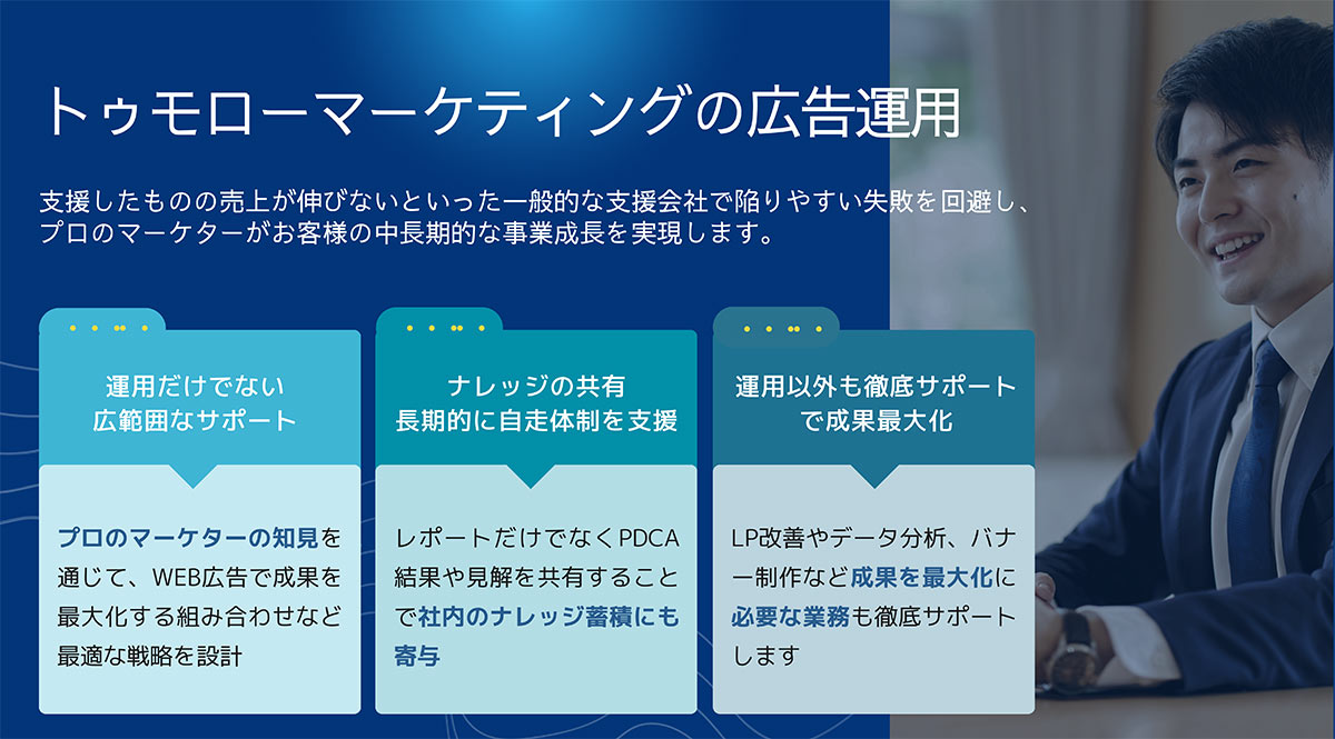トゥモローマーケティングは、様々なWebマーケティング支援経験を活かしてWeb広告運用のPDCAを一括でサポートするサービスです。