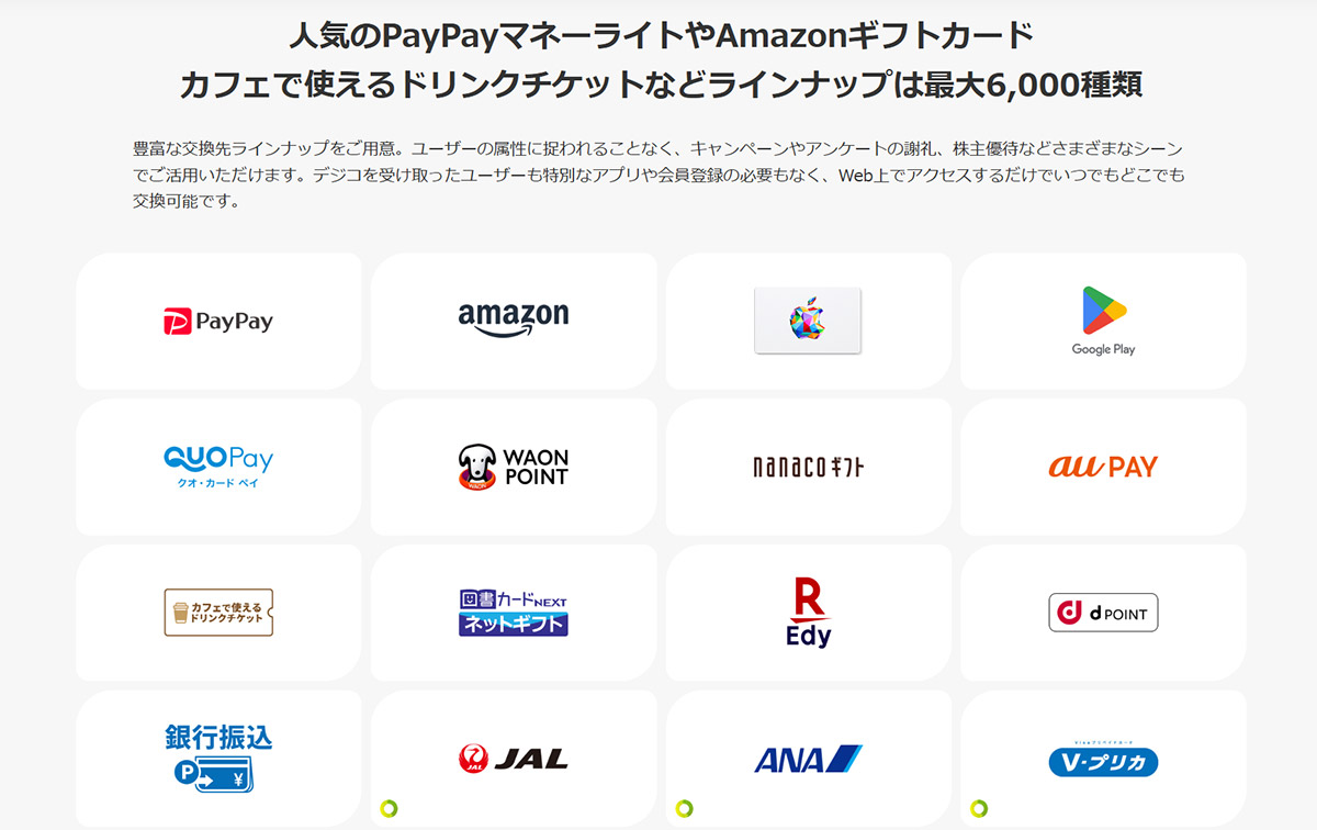 DIGITALIO運営のポイント交換サービス「PeX」をはじめ、PayPayマネーライトやAmazonギフトカード、EdyギフトID、WAONポイントIDなどのポイント・マイル・電子マネーに加え、銀行振込にも対応