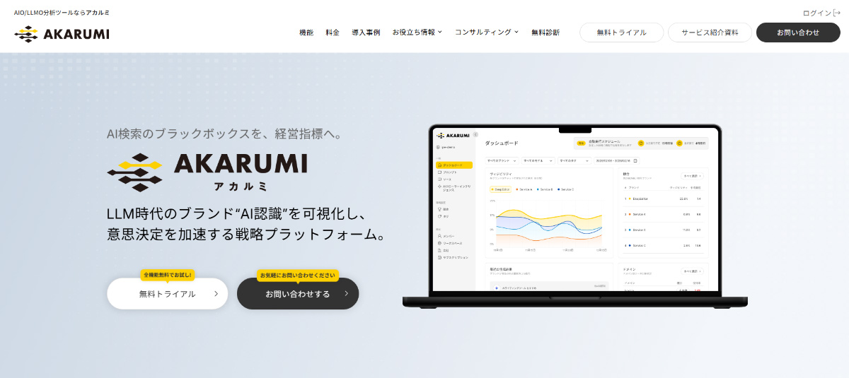 AKARUMI（アカルミ）は、LLMO/AIO施策の推進に役立つAIの言及状況のデータ可視化・分析を支援するプラットフォームです。