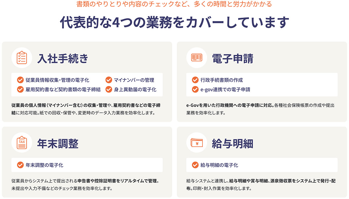カオナビ労務は、タレントマネジメントシステムで業界有数のシェア率を誇るカオナビが手掛けるクラウド労務管理システムです。入社手続き・電子申請・年末調整・給与明細という代表的な4つ業務を中心に対応。