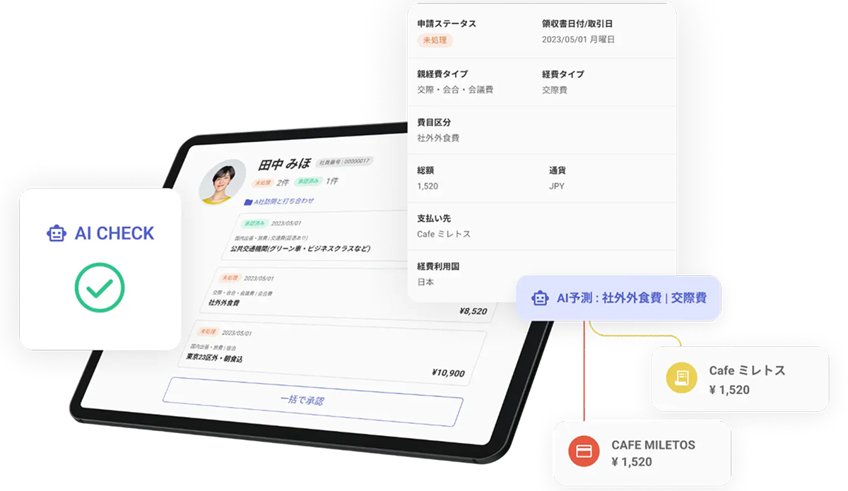 SAPPHIRE 経費精算は、AIを中核に据え、経費申請から承認、経理チェックまでの一連の業務を自動化する経費精算システムです。