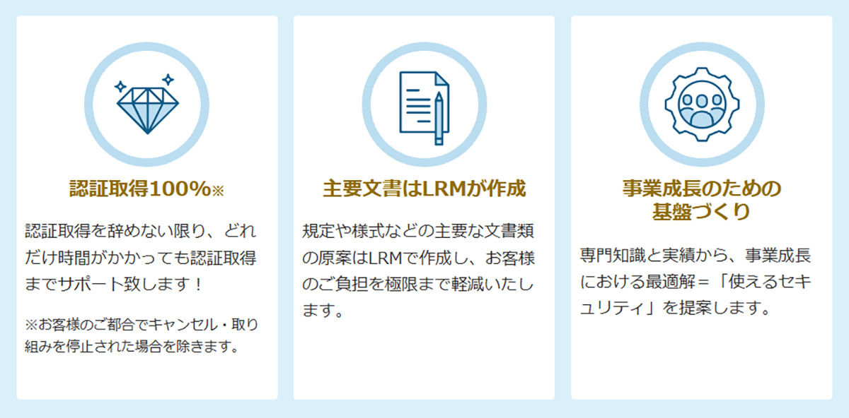 LRMのISMS（ISO27001）認証取得・運用支援コンサルティングは、合理的な情報セキュリティ体制の構築と継続的な運用を柔軟にサポートするサービスです。