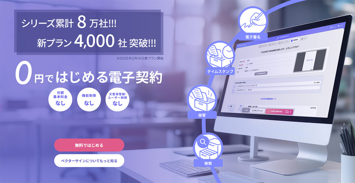 ベクターサインは、送信料のみのシンプルな料金で、必要な機能が揃った低コストではじめられる電子契約サービスです。