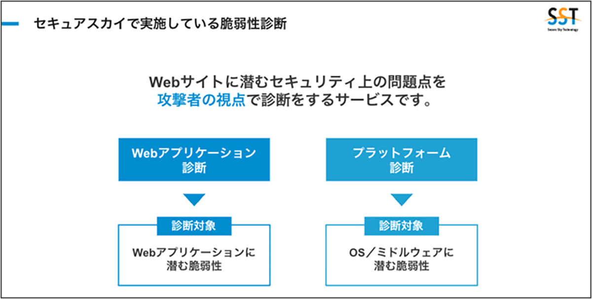 株式会社セキュアスカイ・テクノロジーが提供する脆弱性診断サービスは、WebアプリケーションやOS・ミドルウェアなどに潜むセキュリティ上の問題点を、攻撃者の視点で診断するサービスです。